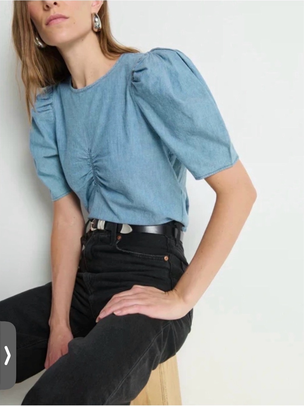 Nation LTD Cecily Chambray Puff Sleeve Ruched Top 100% Organic Cotton XS NWT